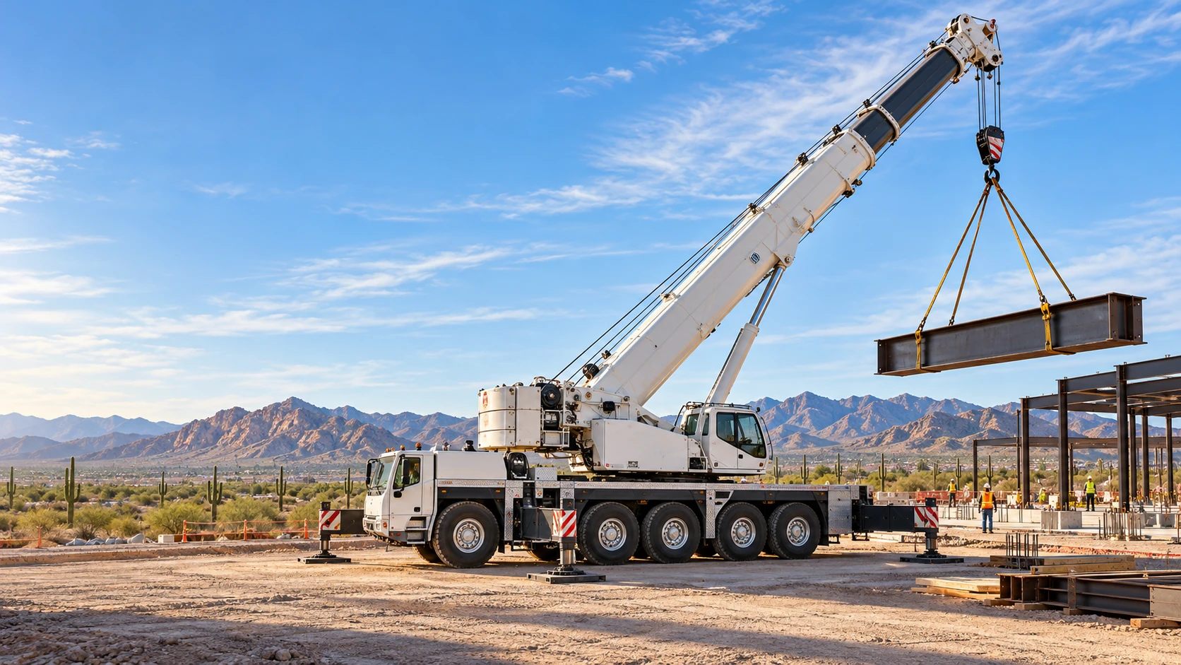 Truck-mounted crane lifting a steel beam above a Tucson construction site